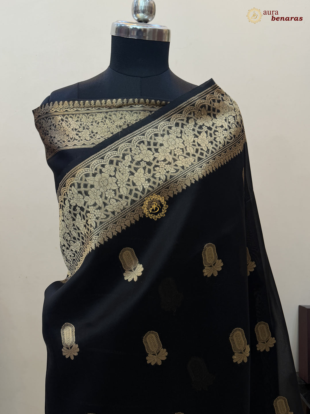 Black Pure Kora Silk Banarasi Saree AuraBenaras