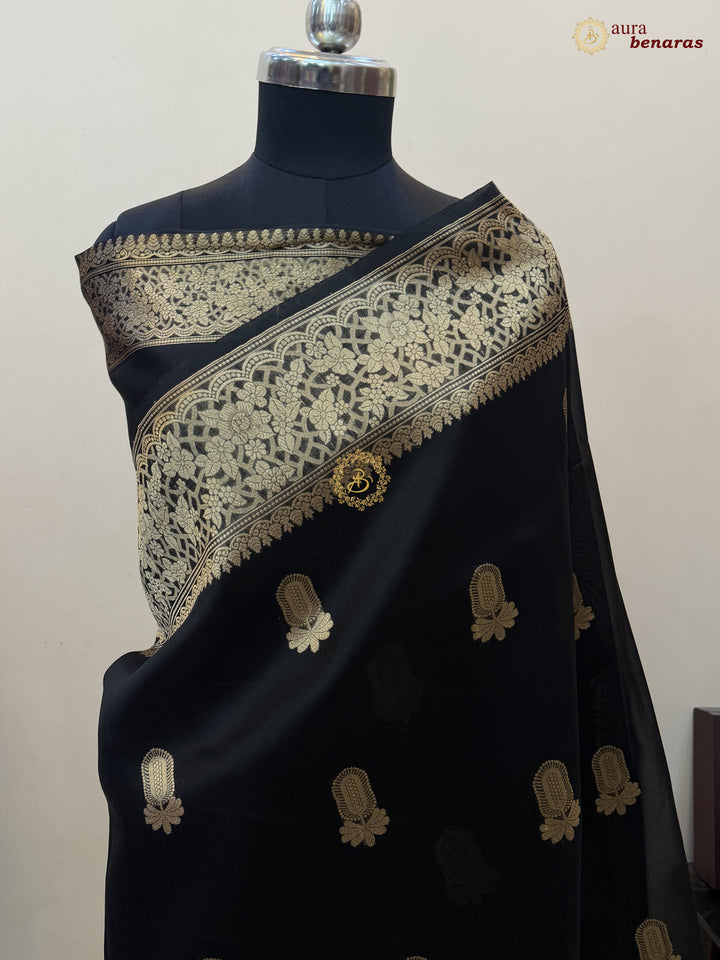 Black Pure Kora Silk Banarasi Saree AuraBenaras