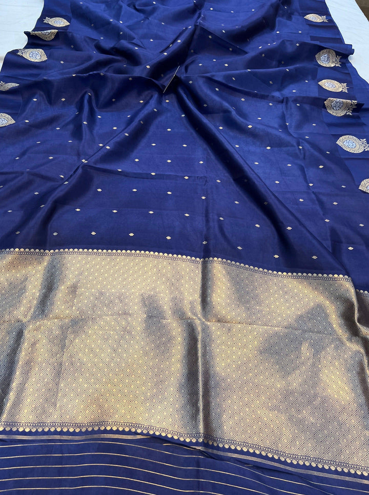 Navy Blue Pure Banarasi Handloom Silk Saree - Aura Benaras