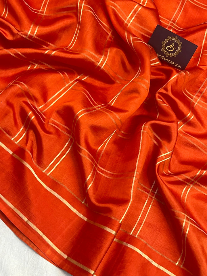 Orange Banarasi Silk Saree | Zari Checks & Mashru Border