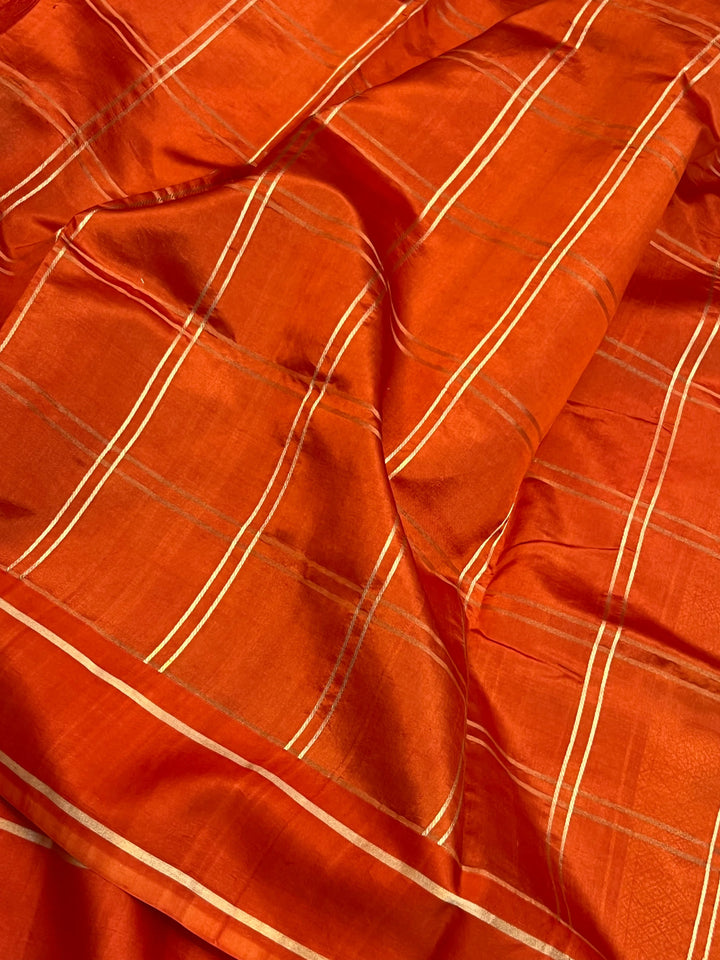 Orange Banarasi Silk Saree | Zari Checks & Mashru Border