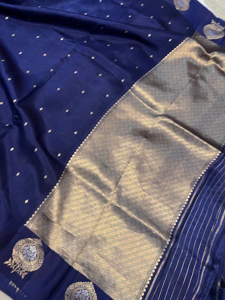 Navy Blue Pure Banarasi Handloom Silk Saree - Aura Benaras