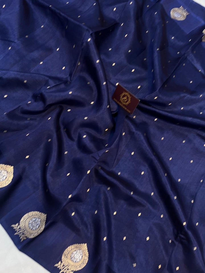 Navy Blue Pure Banarasi Handloom Silk Saree - Aura Benaras