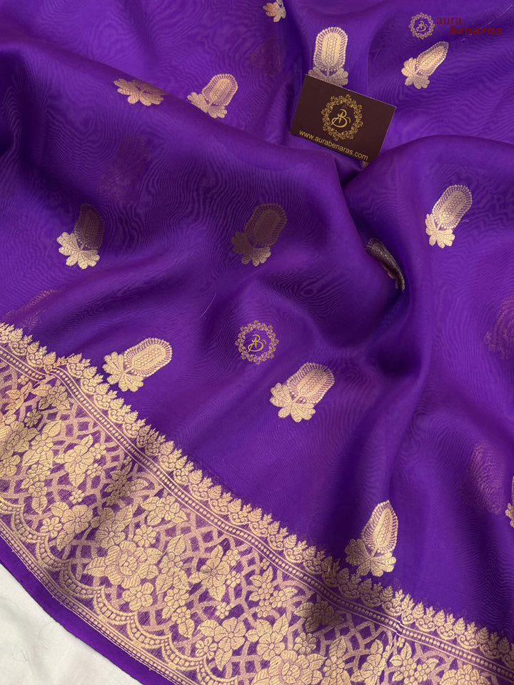 Purple Pure Kora Silk Banarasi Saree AuraBenaras