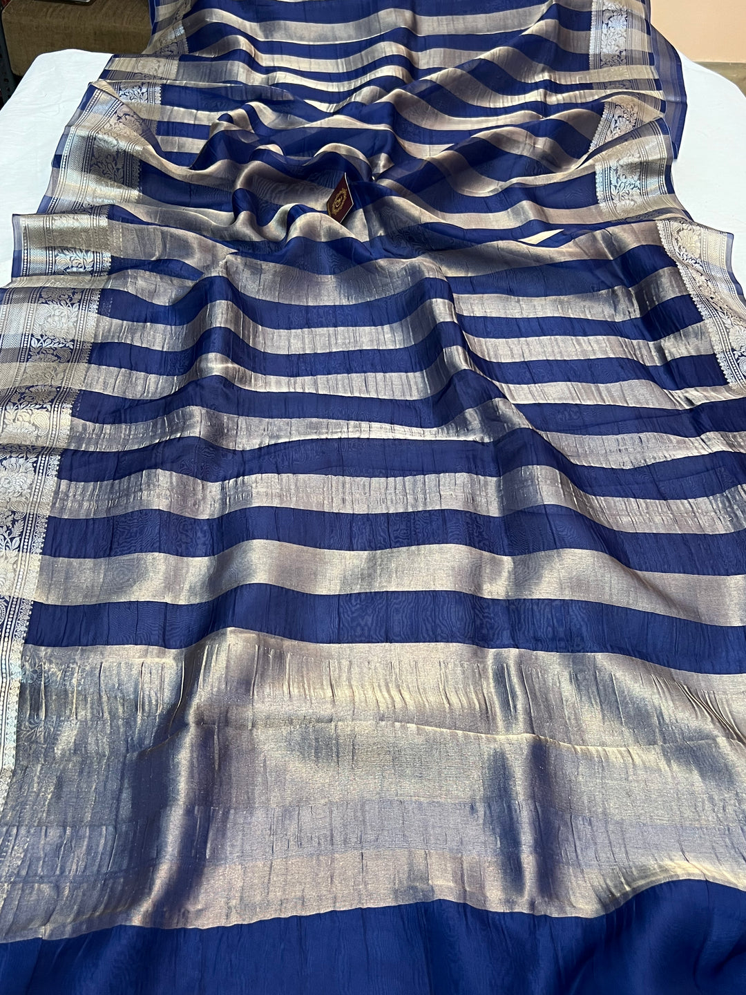 Navy Blue Pure Kora Tissue Silk Saree with Striped Pallu