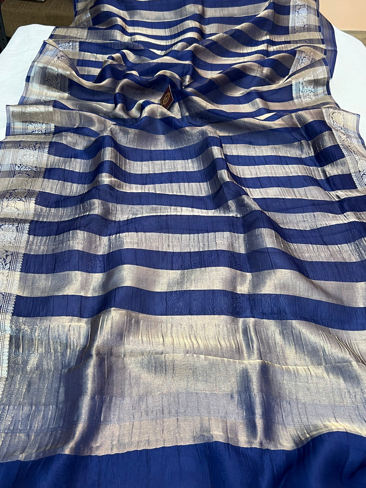 Navy Blue Pure Kora Tissue Silk Saree with Striped Pallu