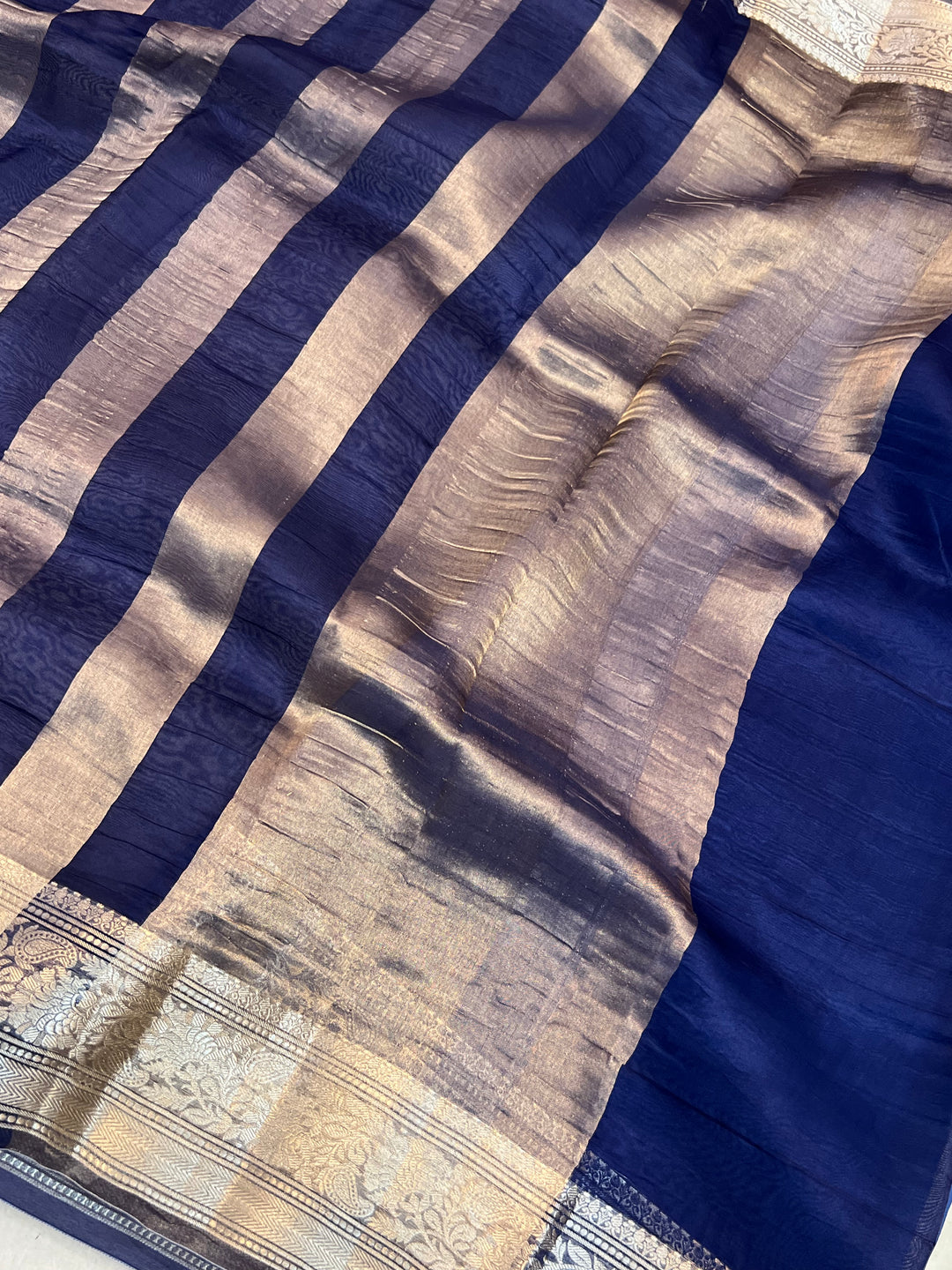 Navy Blue Pure Kora Tissue Silk Saree with Striped Pallu