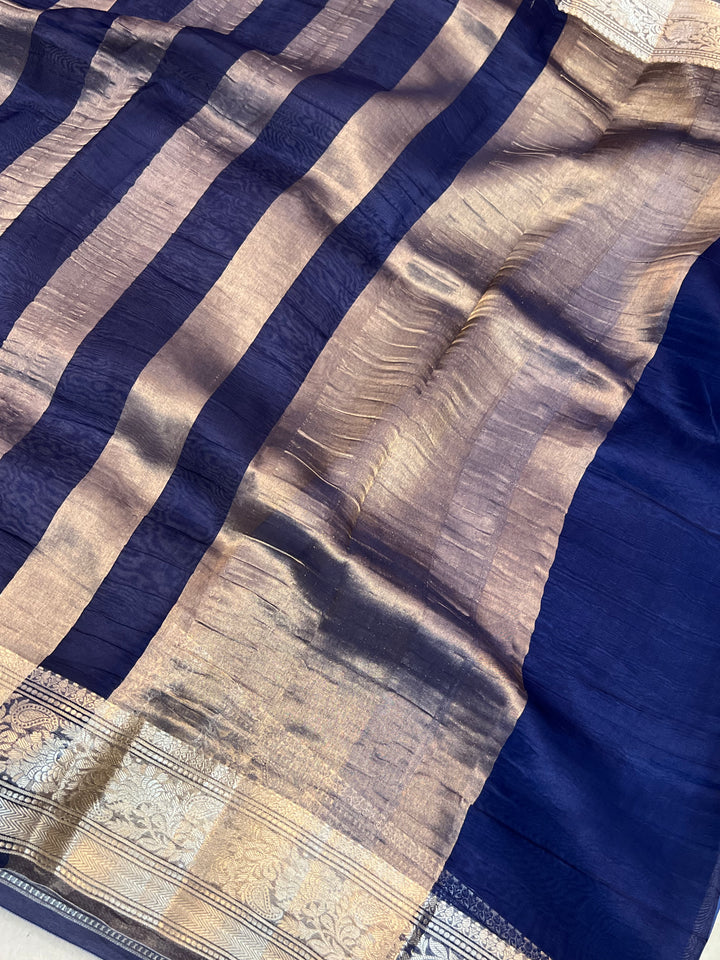 Navy Blue Pure Kora Tissue Silk Saree with Striped Pallu