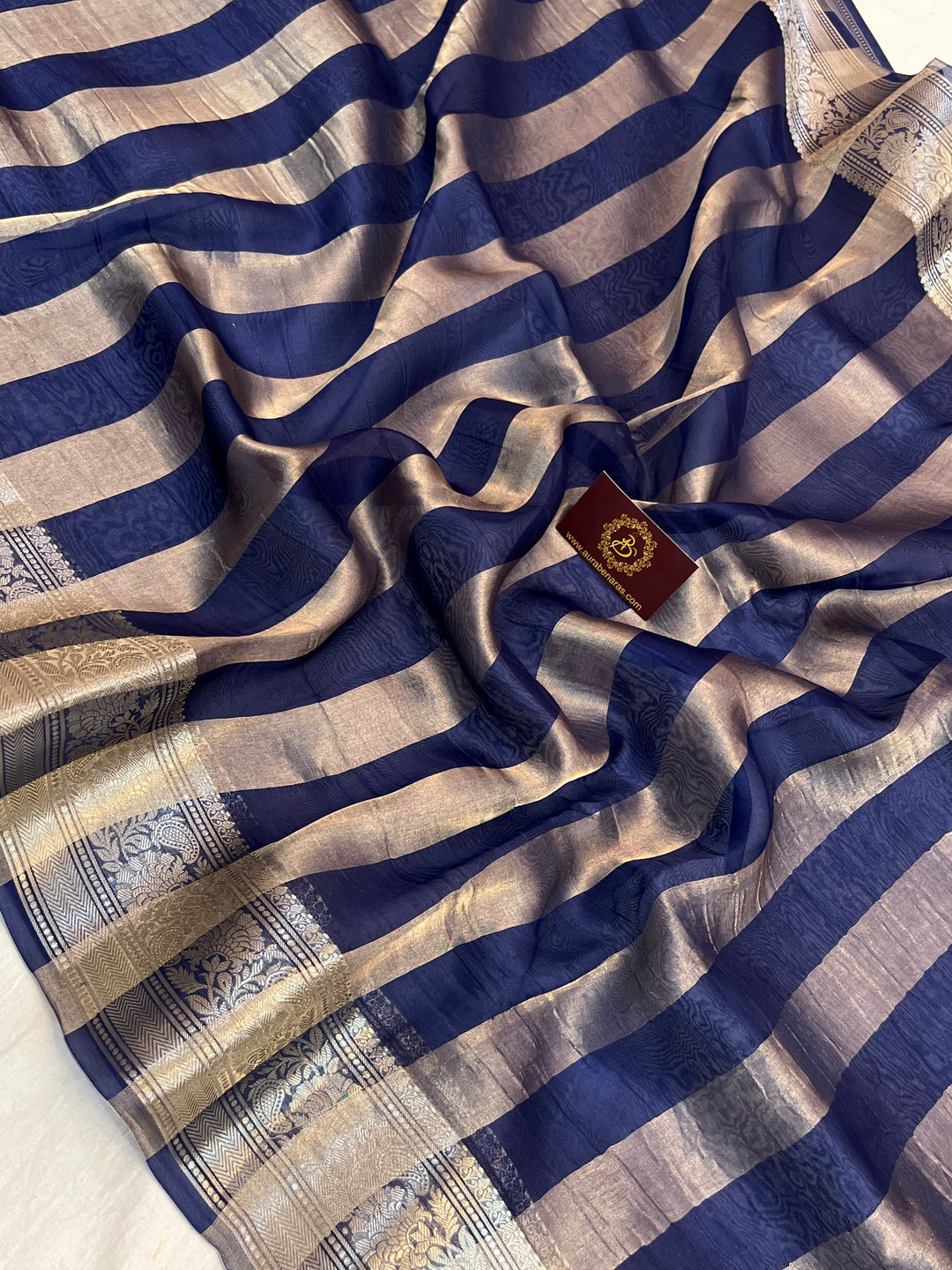 Navy Blue Pure Kora Tissue Silk Saree with Striped Pallu