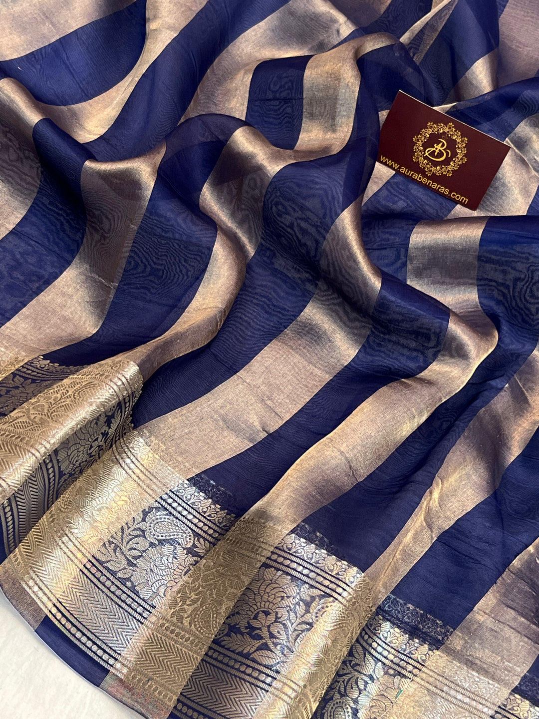 Navy Blue Pure Kora Tissue Silk Saree with Striped Pallu