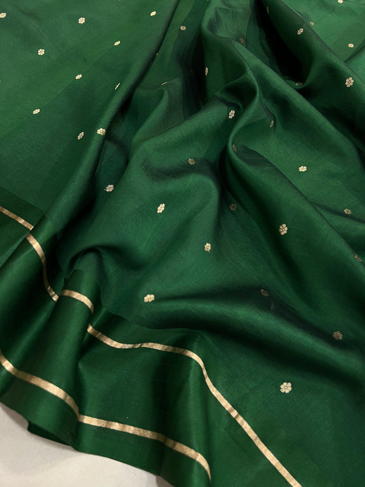 Bottle Green Pure Banarasi Handloom Silk Saree - Aura Benaras