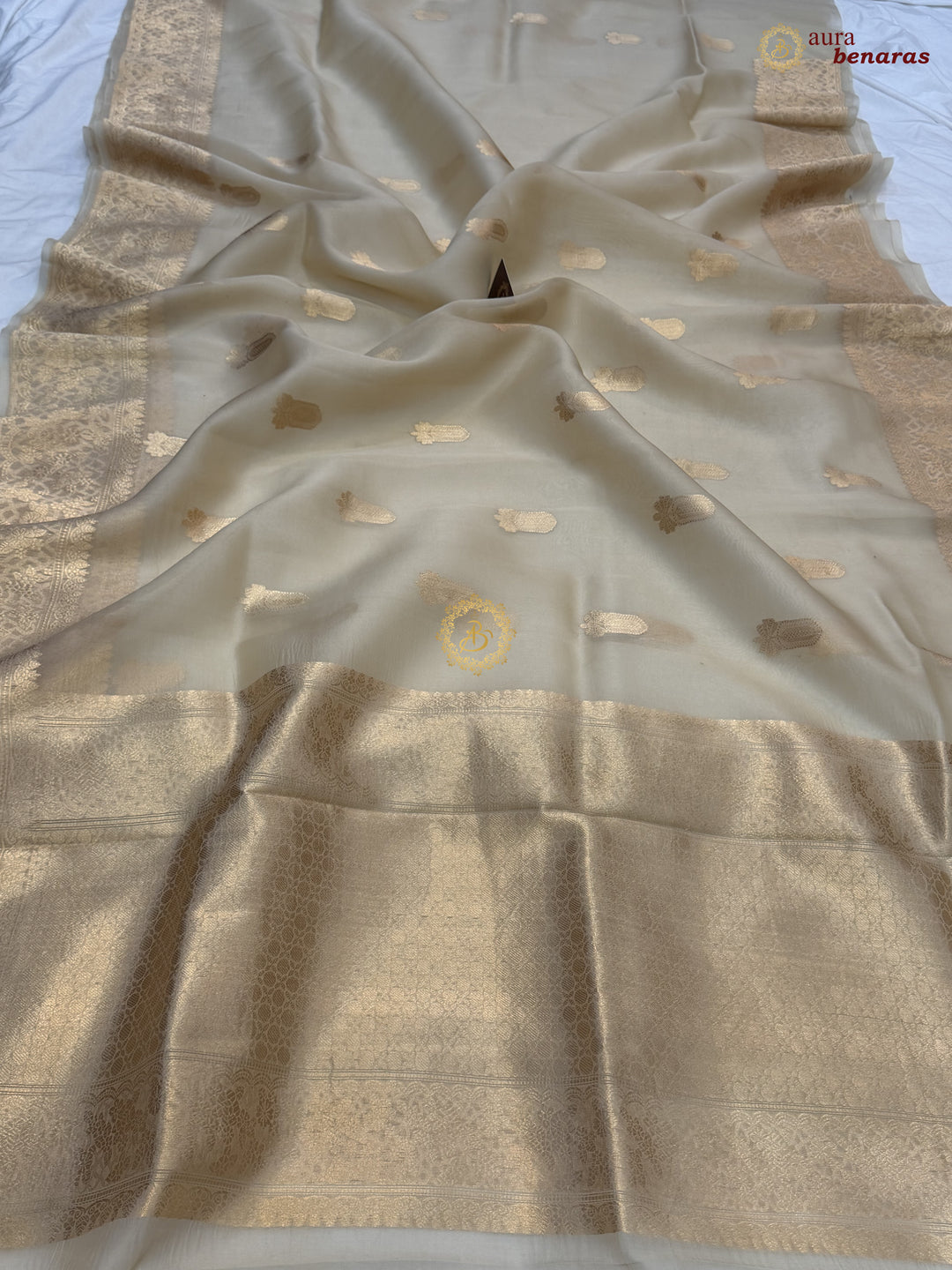 Cream Pure Kora Silk Banarasi Saree AuraBenaras