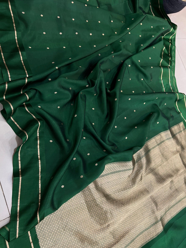 Bottle Green Pure Banarasi Handloom Silk Saree - Aura Benaras
