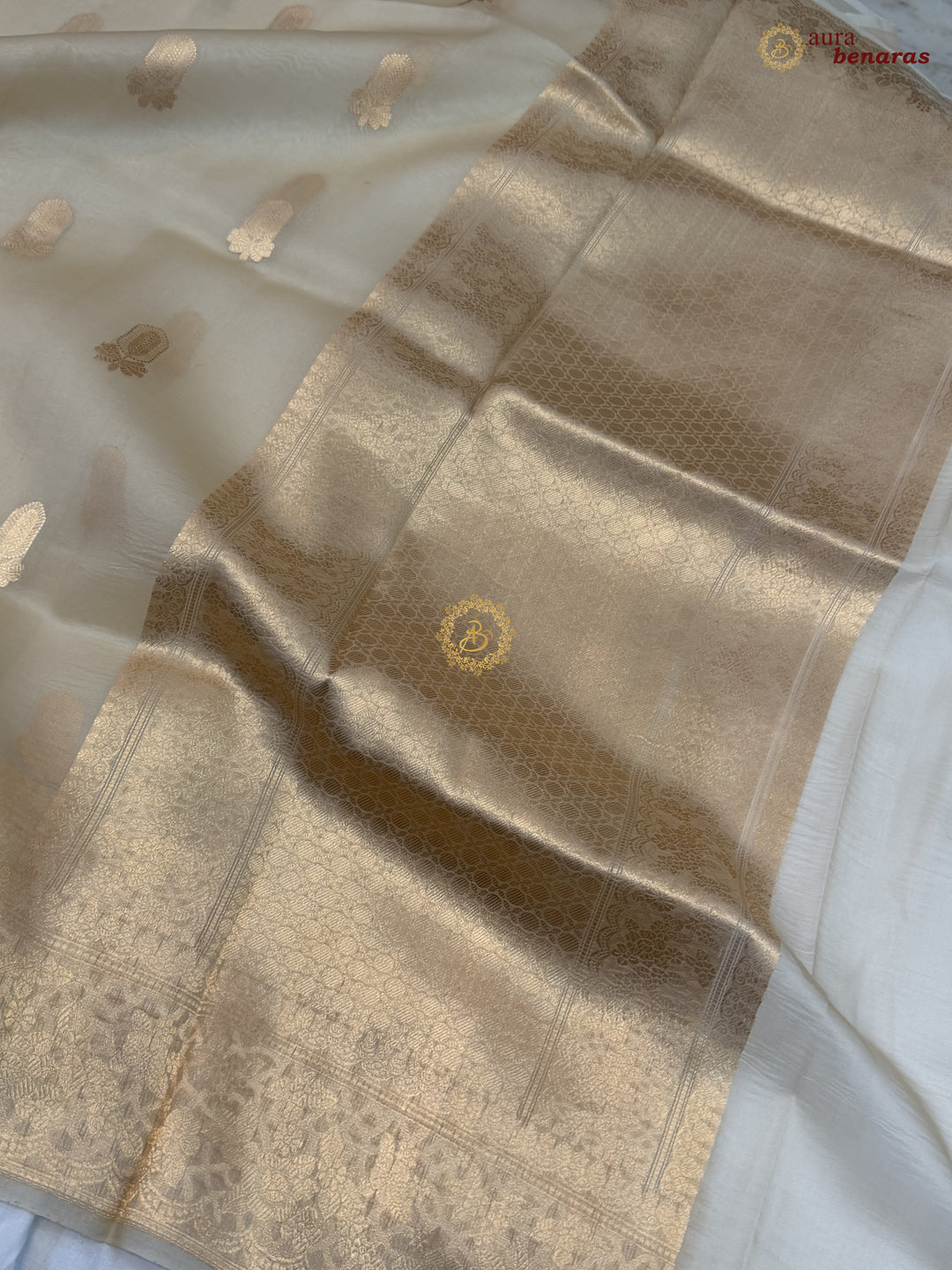Cream Pure Kora Silk Banarasi Saree AuraBenaras