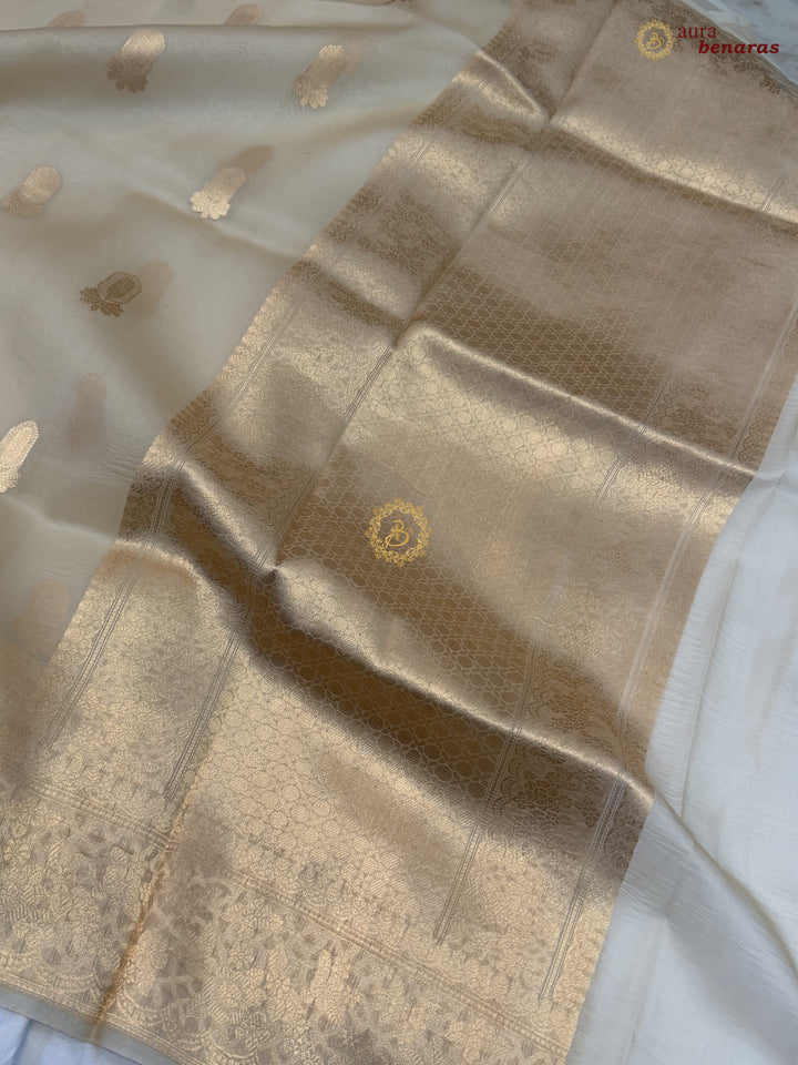 Cream Pure Kora Silk Banarasi Saree AuraBenaras