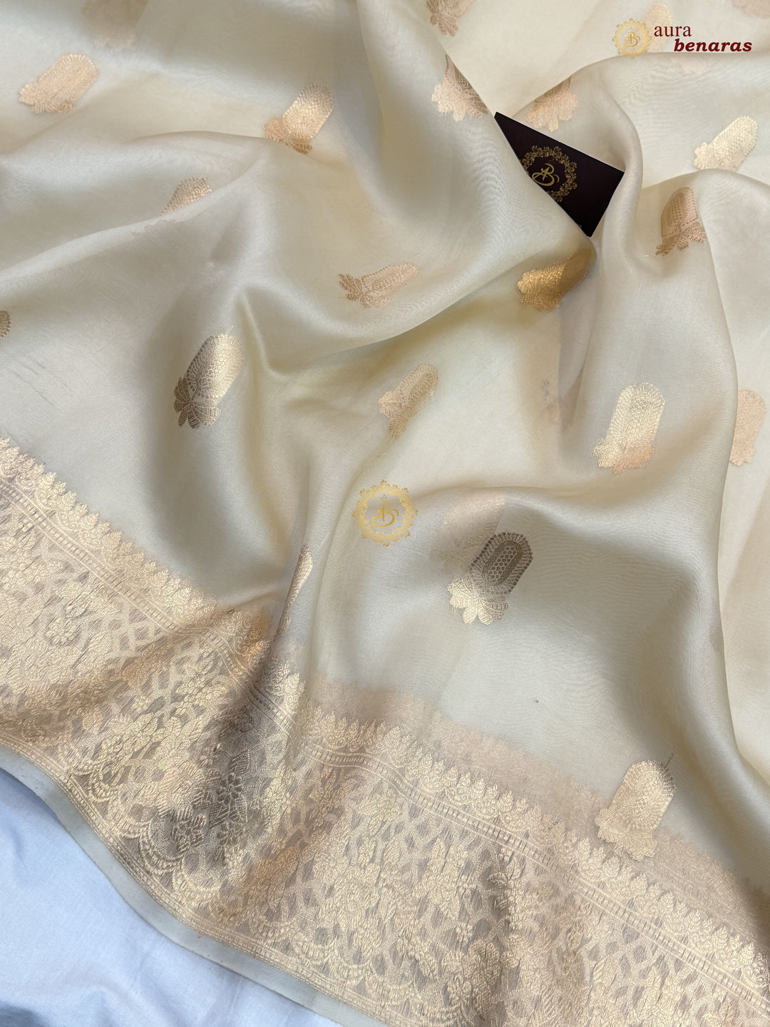Cream Pure Kora Silk Banarasi Saree AuraBenaras