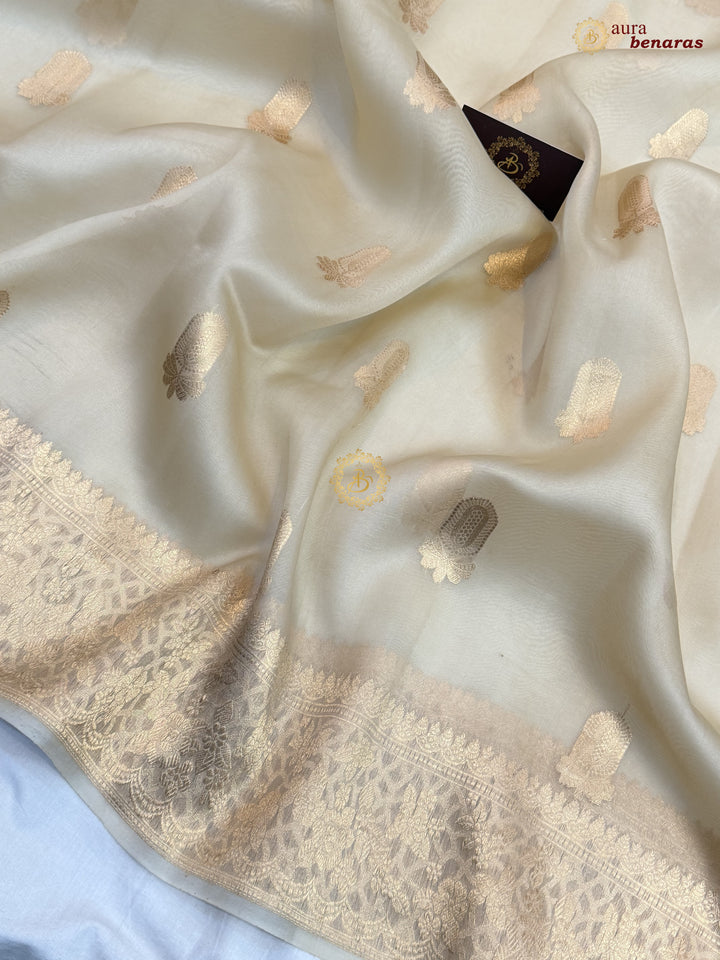 Cream Pure Kora Silk Banarasi Saree AuraBenaras