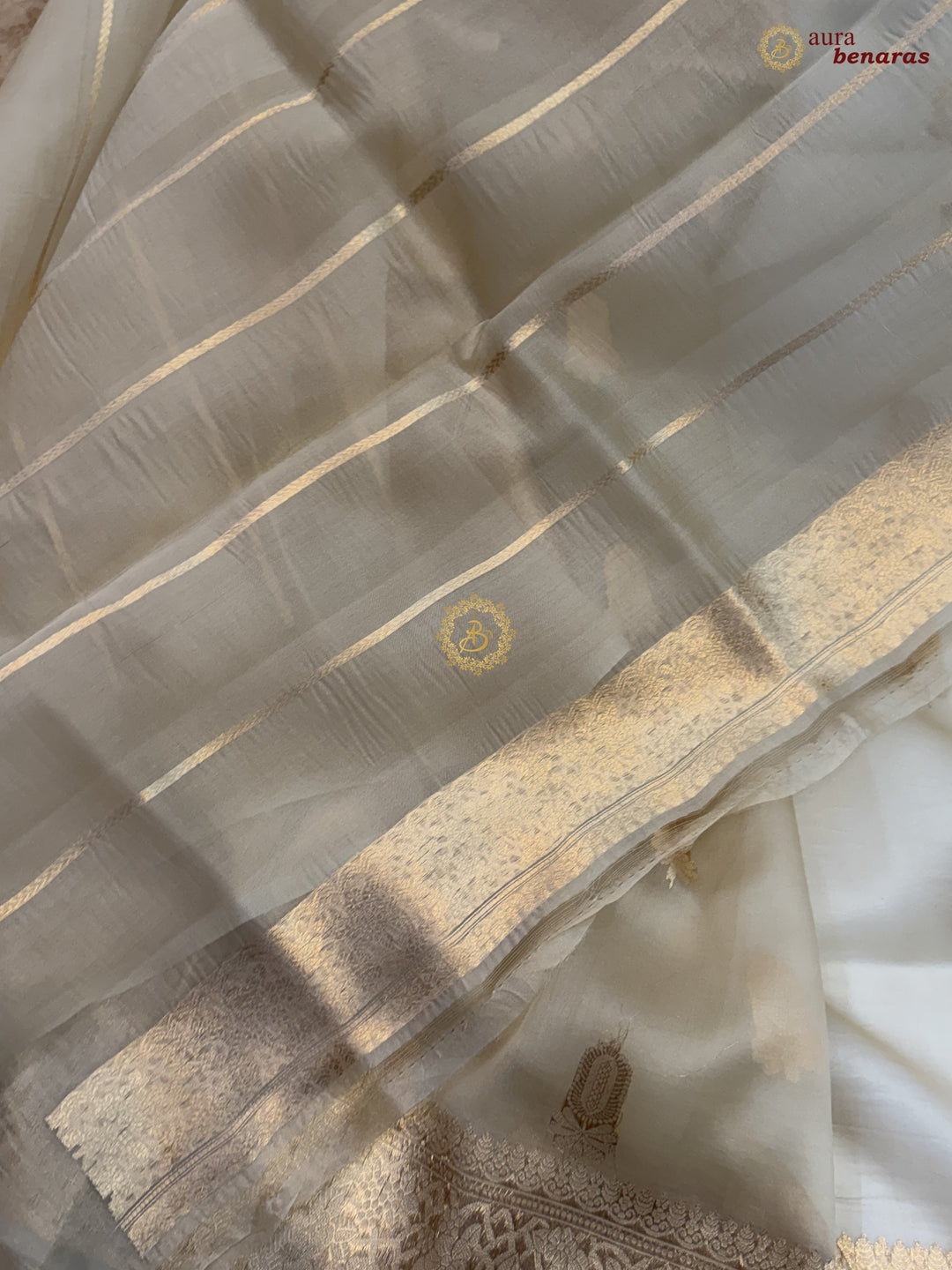 Cream Pure Kora Silk Banarasi Saree AuraBenaras