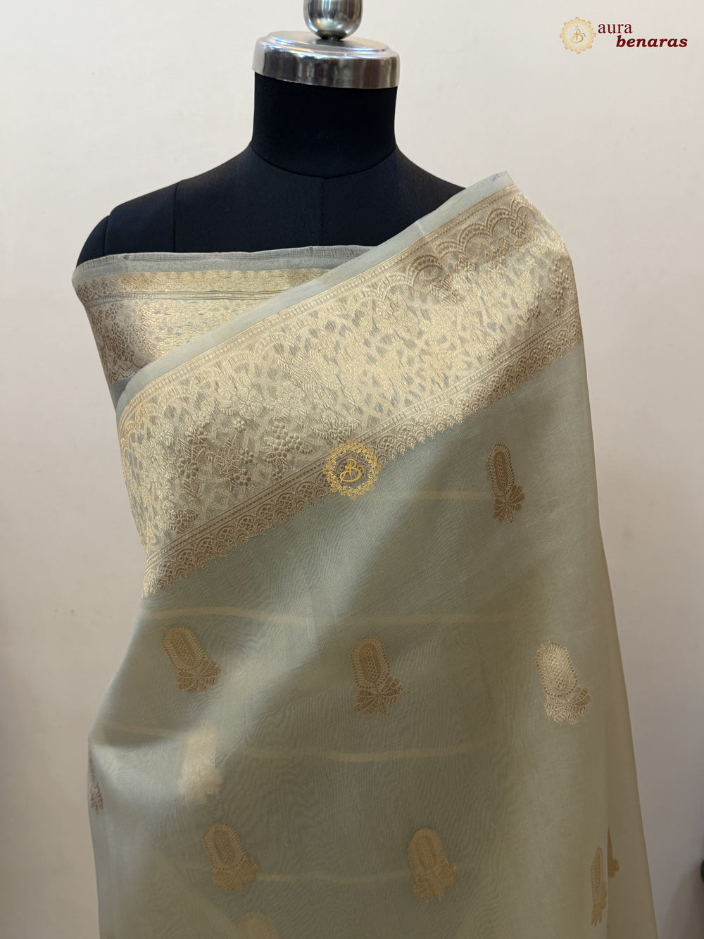 Cream Pure Kora Silk Banarasi Saree AuraBenaras
