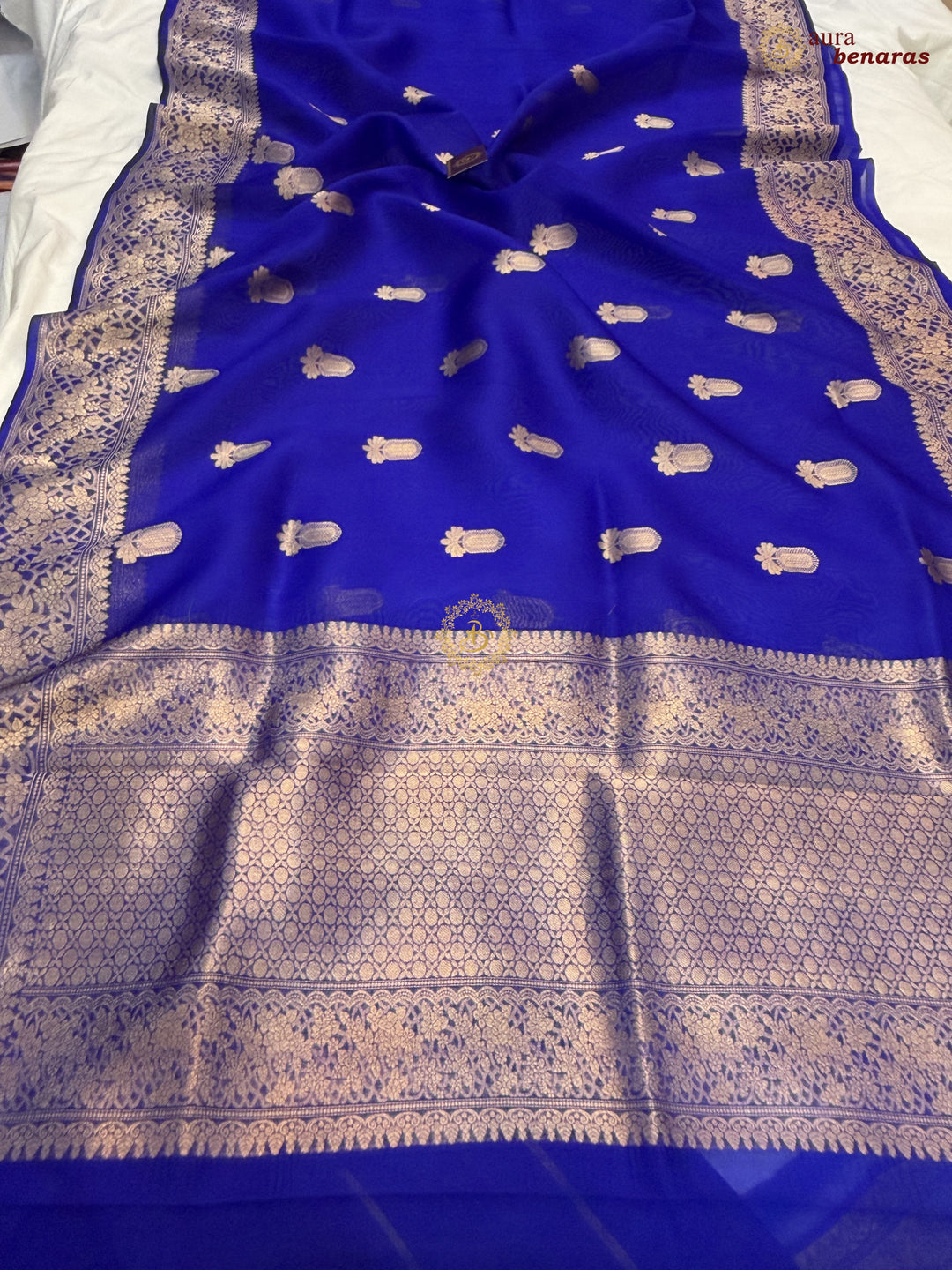Royal Blue Pure Kora Silk Banarasi Saree AuraBenaras