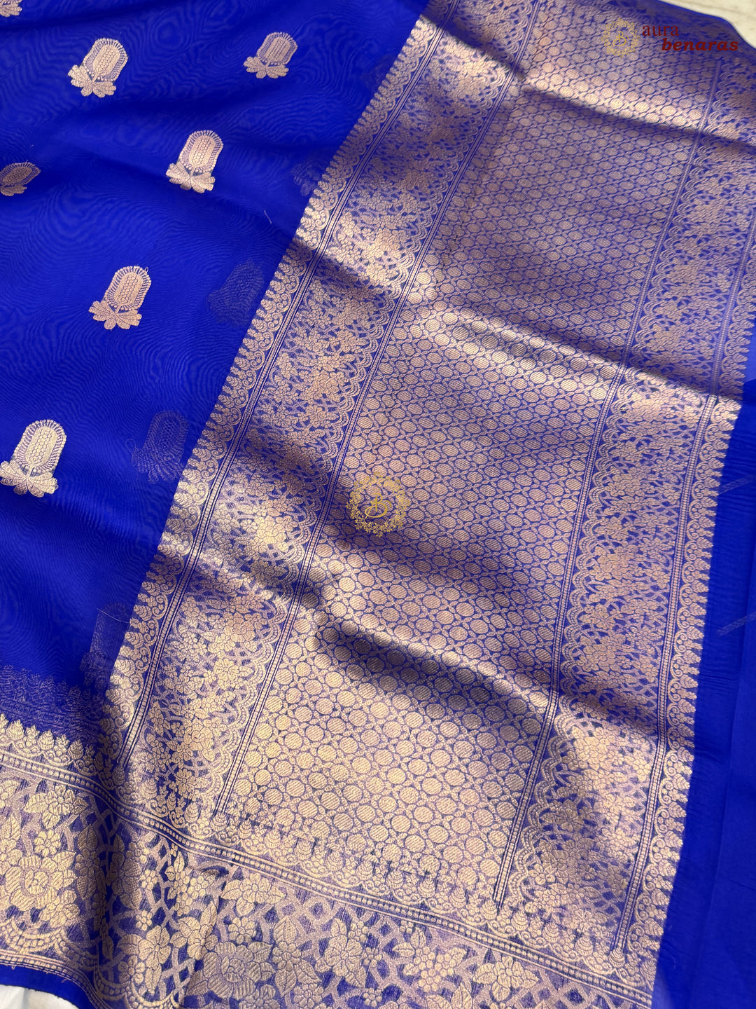 Royal Blue Pure Kora Silk Banarasi Saree AuraBenaras