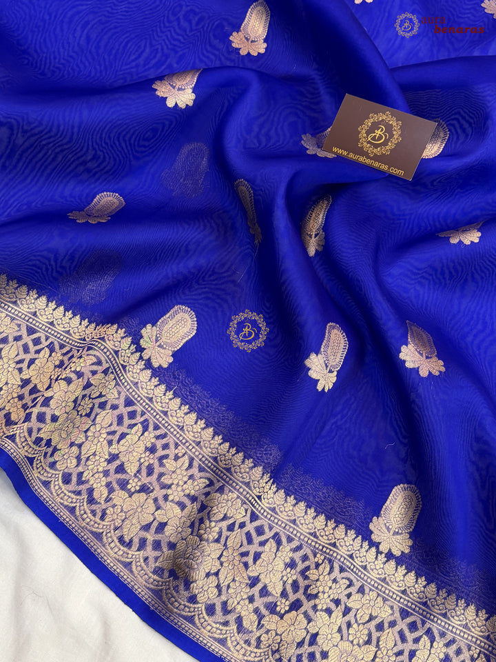 Royal Blue Pure Kora Silk Banarasi Saree AuraBenaras