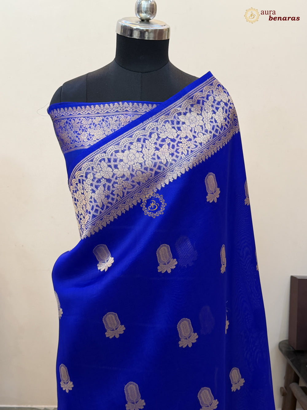 Royal Blue Pure Kora Silk Banarasi Saree AuraBenaras