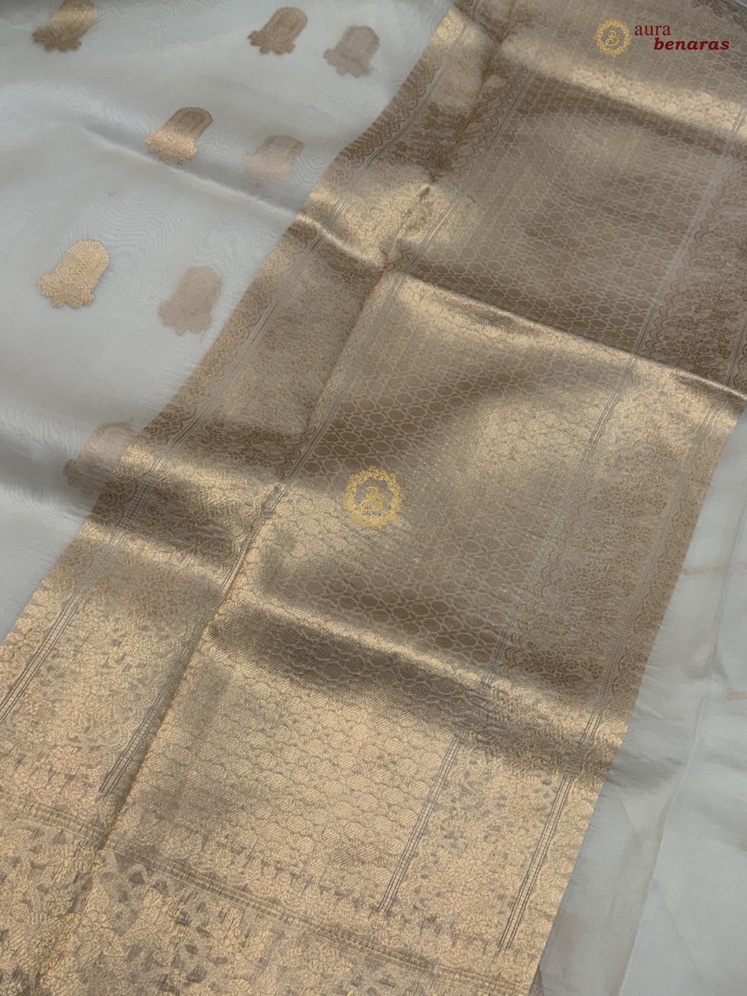 Off White Pure Kora Silk Banarasi Saree AuraBenaras