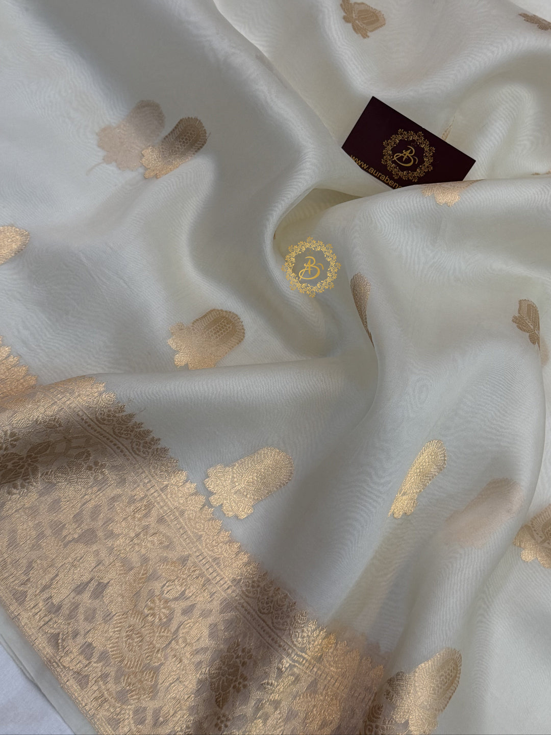 Off White Pure Kora Silk Banarasi Saree AuraBenaras