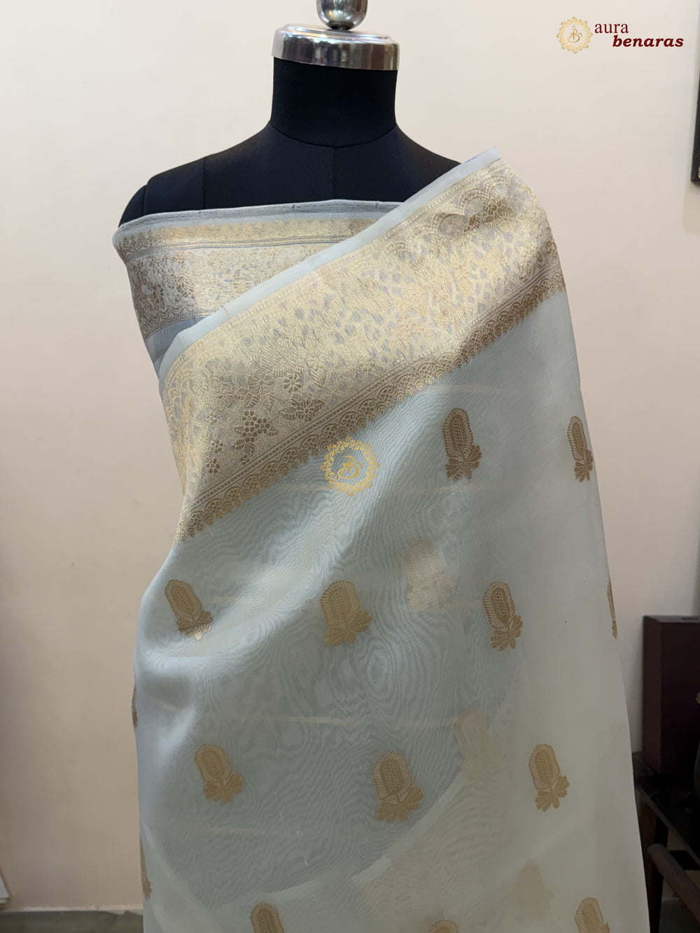 Off White Pure Kora Silk Banarasi Saree AuraBenaras