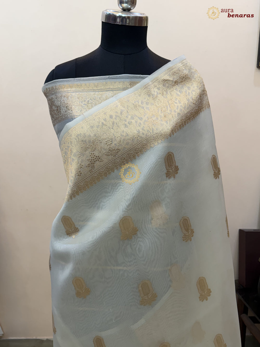 Off White Pure Kora Silk Banarasi Saree AuraBenaras