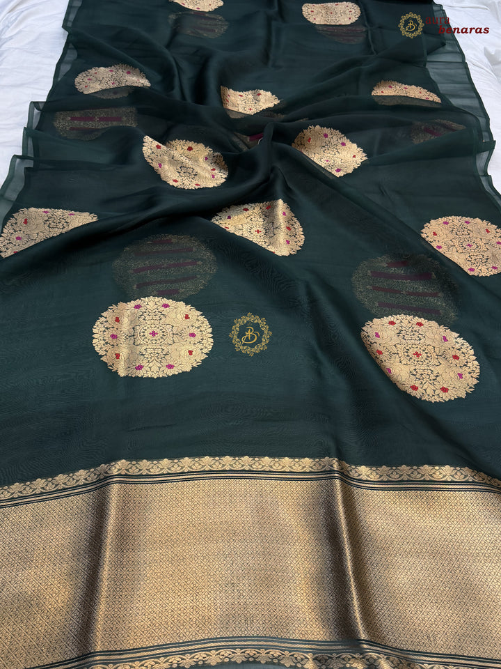 Bottle Green Pure Banarasi Handloom Kora Silk Saree - AuraBenaras