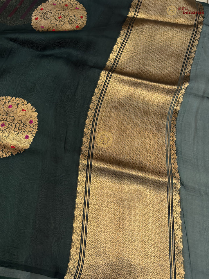 Bottle Green Pure Banarasi Handloom Kora Silk Saree - AuraBenaras
