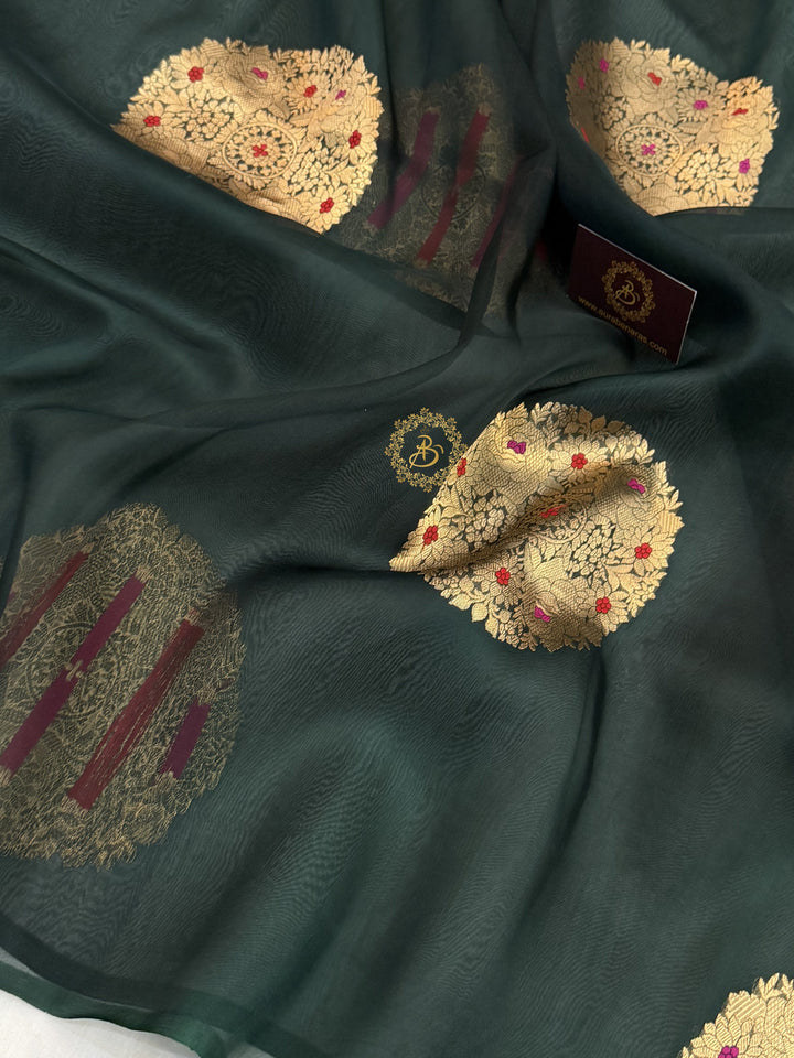 Bottle Green Pure Banarasi Handloom Kora Silk Saree - AuraBenaras