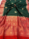 Bottle Green Pure Banarasi Handloom Silk Saree - Aura Benaras