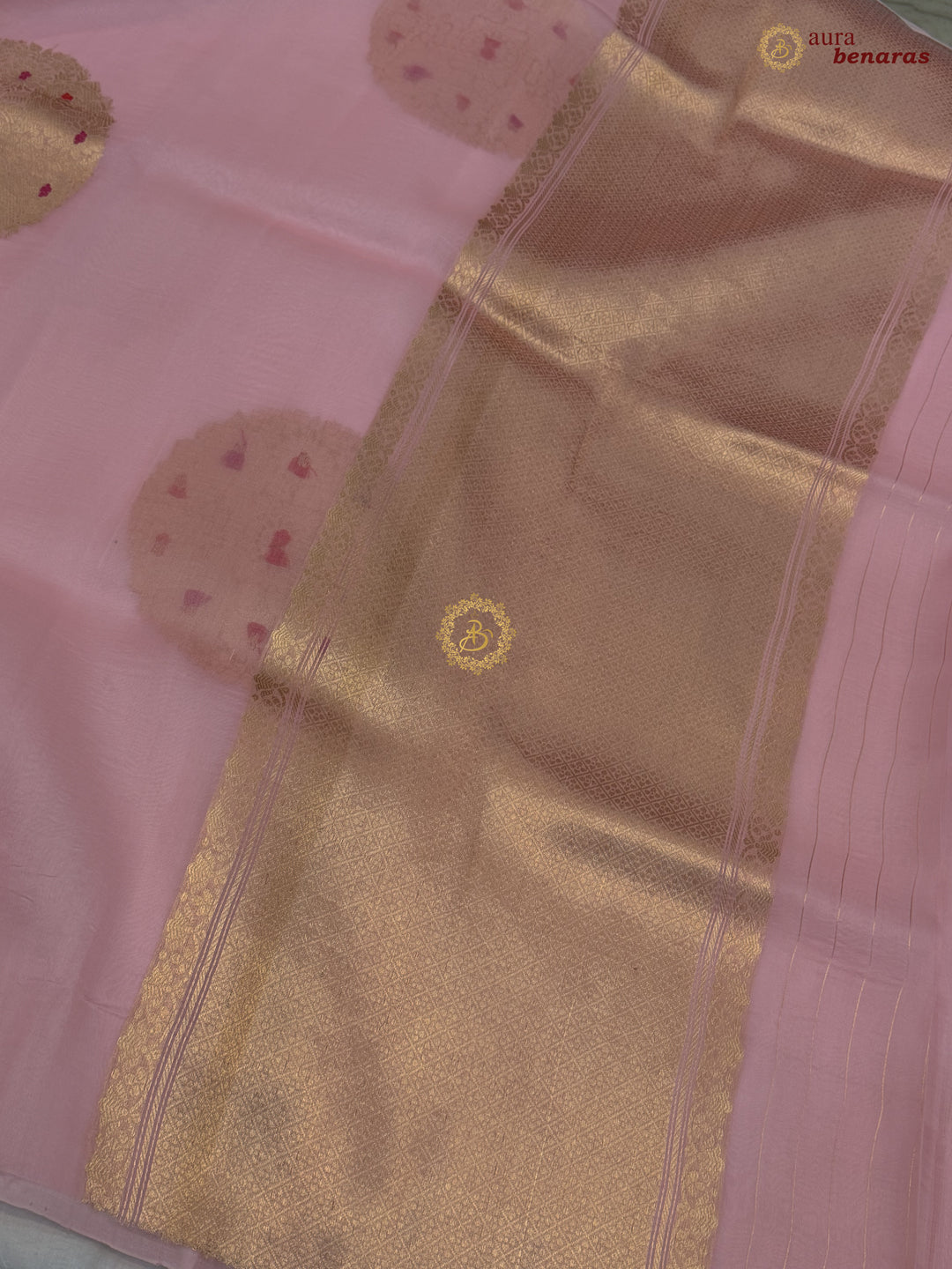 Baby Pink Pure Banarasi Handloom Kora Silk Saree - AuraBenaras