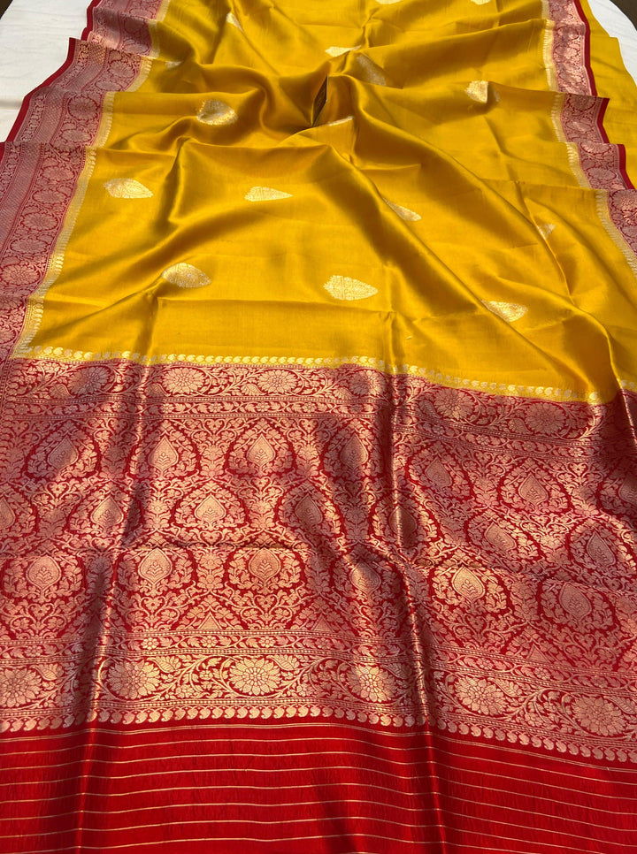 Mustard Yellow Pure Banarasi Handloom Silk Saree - Aura Benaras