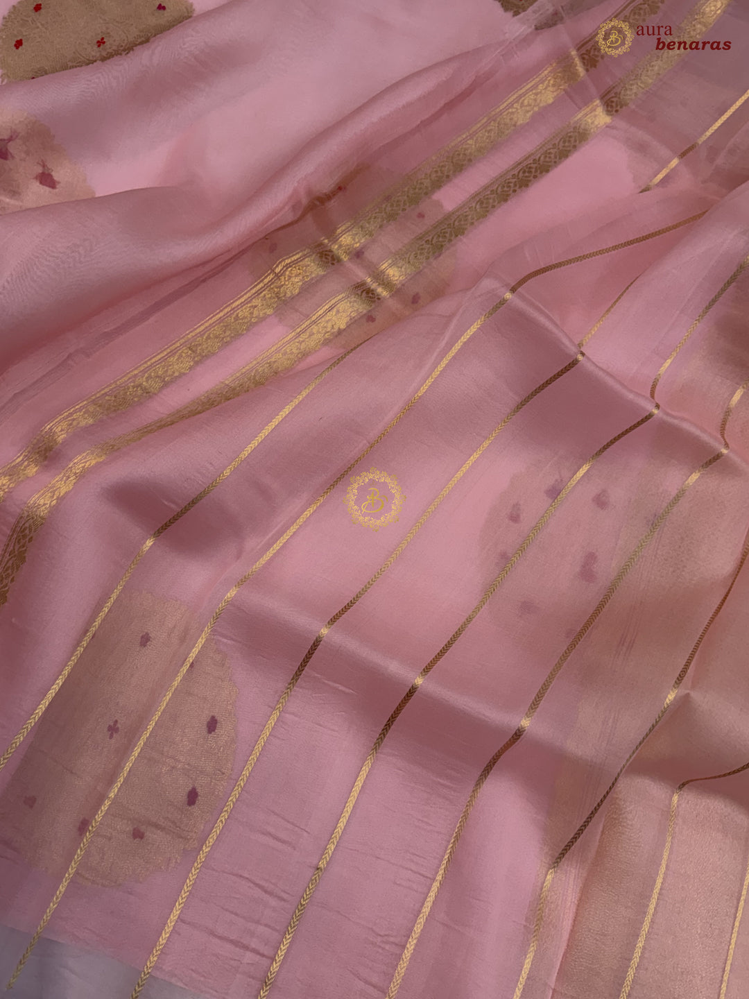 Baby Pink Pure Banarasi Handloom Kora Silk Saree - AuraBenaras