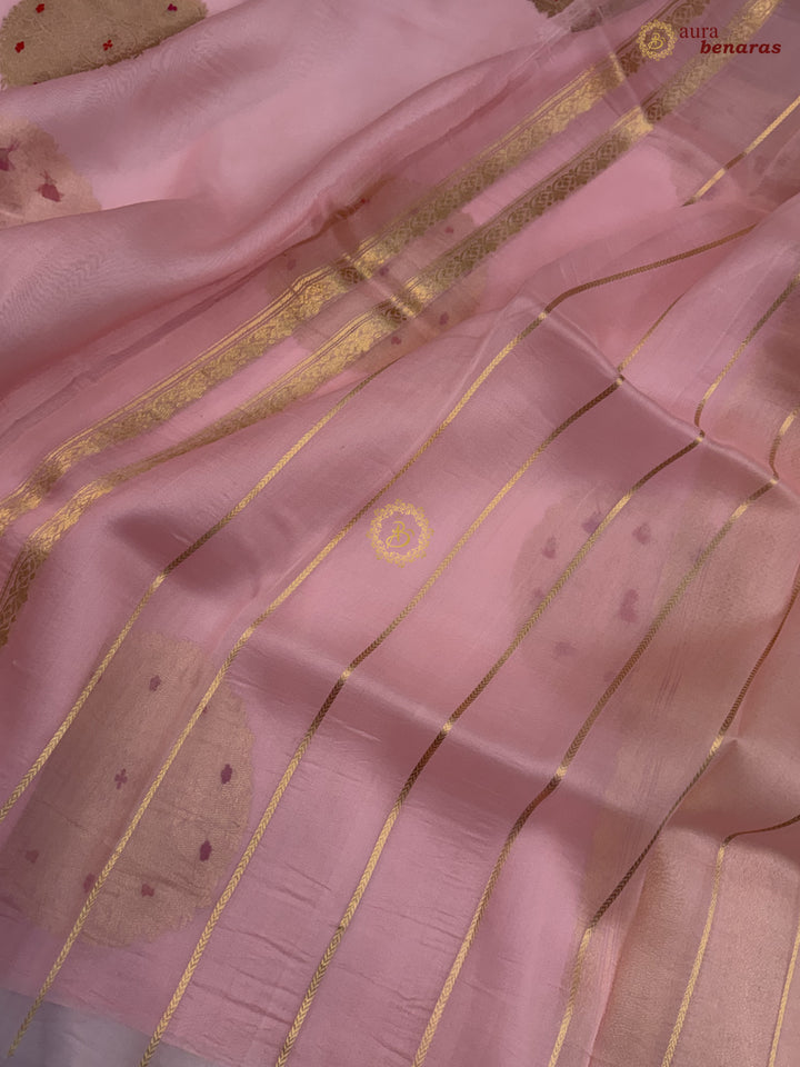 Baby Pink Pure Banarasi Handloom Kora Silk Saree - AuraBenaras