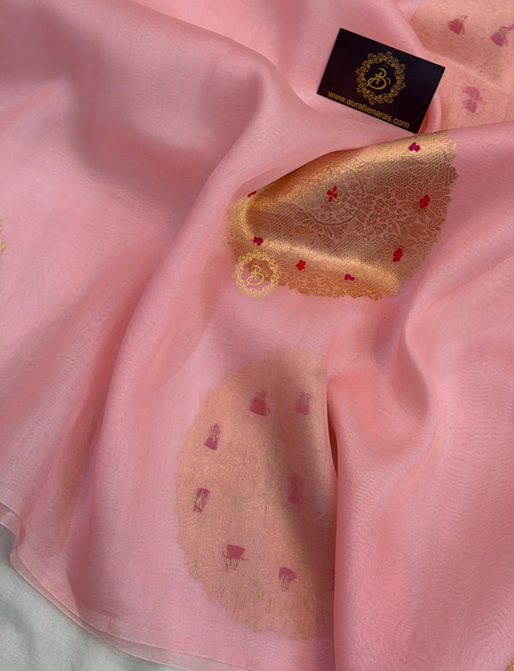 Baby Pink Pure Banarasi Handloom Kora Silk Saree - AuraBenaras