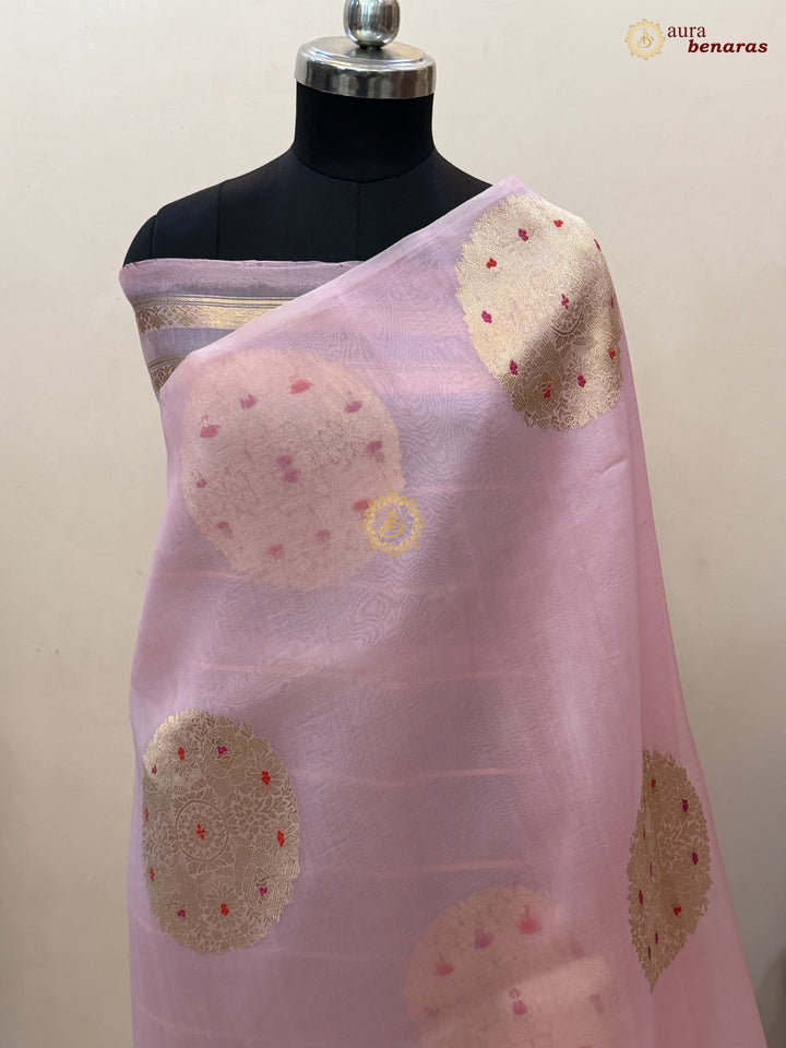 Baby Pink Pure Banarasi Handloom Kora Silk Saree - AuraBenaras