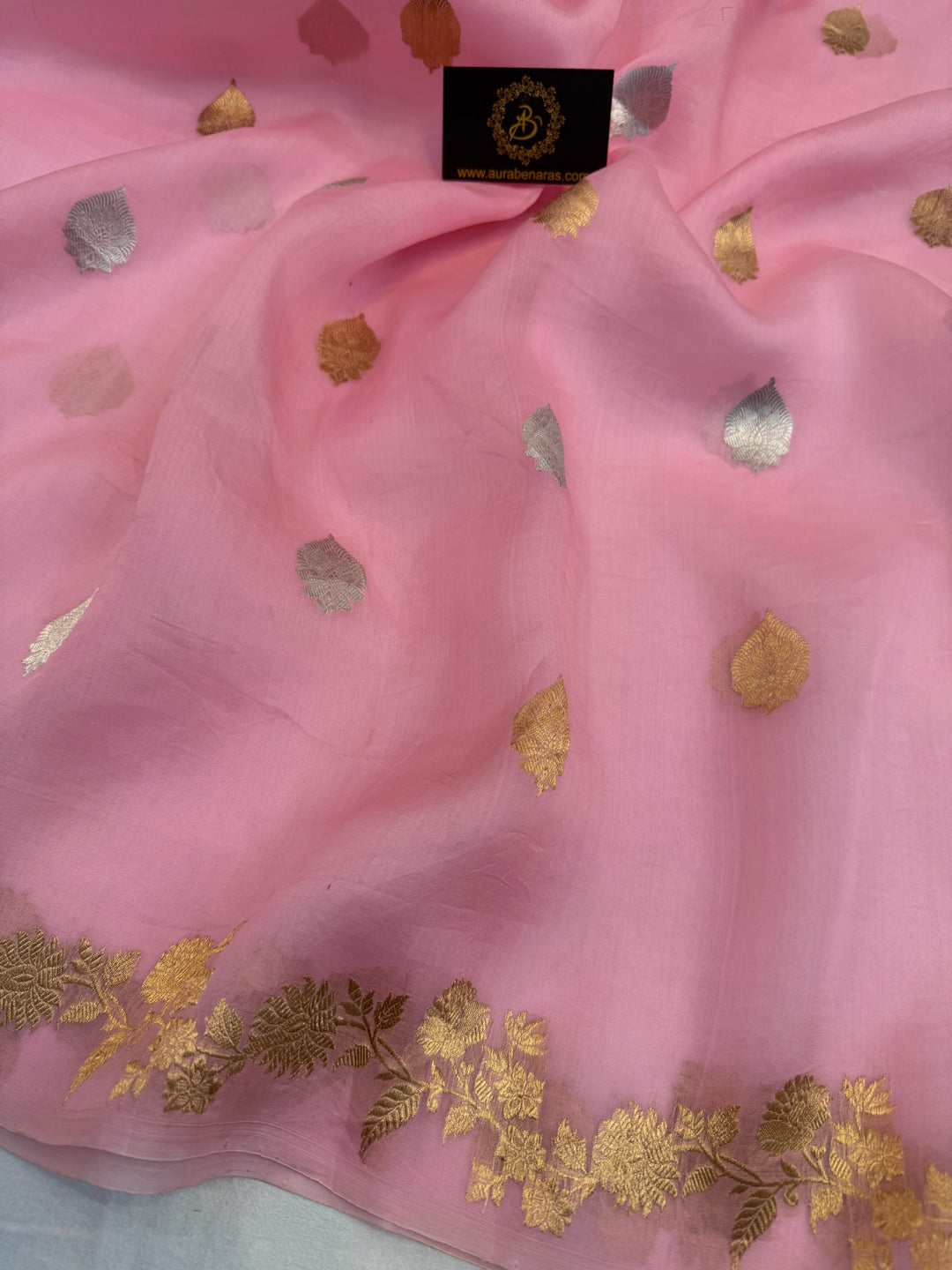 Baby Pink Pure Kora Silk Handloom Banarasi Saree