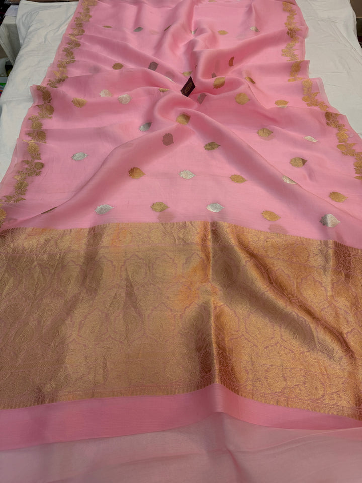 Baby Pink Pure Kora Silk Handloom Banarasi Saree