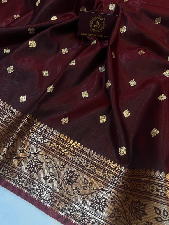 Garnet Banarasi Handloom Satin Silk Saree - Aura Benaras