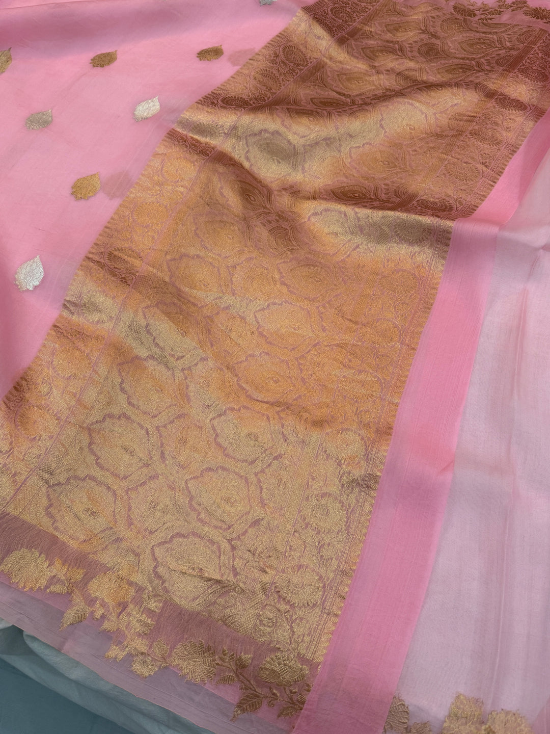 Baby Pink Pure Kora Silk Handloom Banarasi Saree