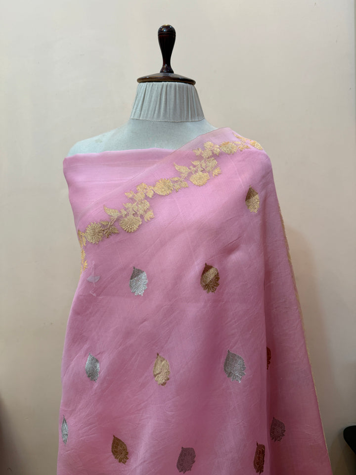 Baby Pink Pure Kora Silk Handloom Banarasi Saree