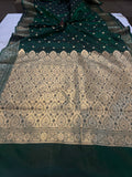 Bottle Green Banarasi Handloom Satin Silk Saree - Aura Benaras