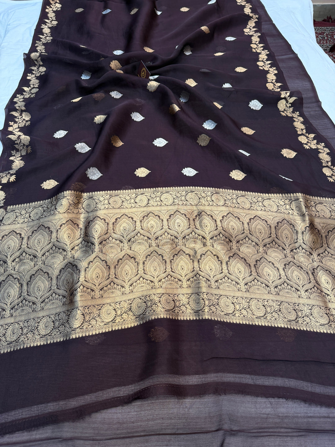 Brown Pure Kora Silk Handloom Banarasi Saree