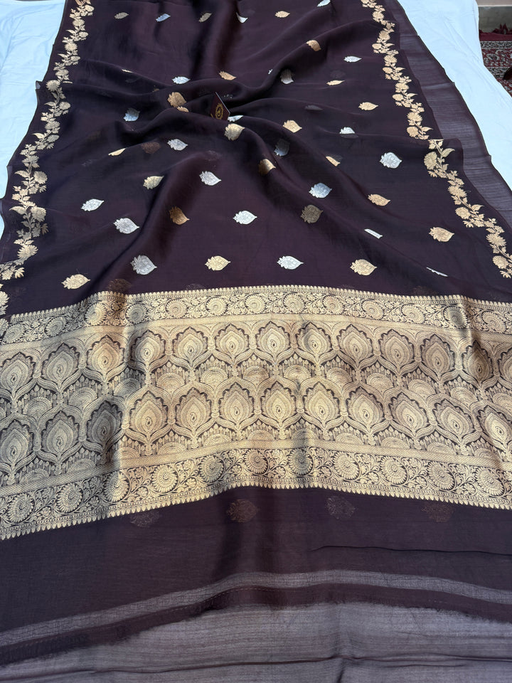 Brown Pure Kora Silk Handloom Banarasi Saree