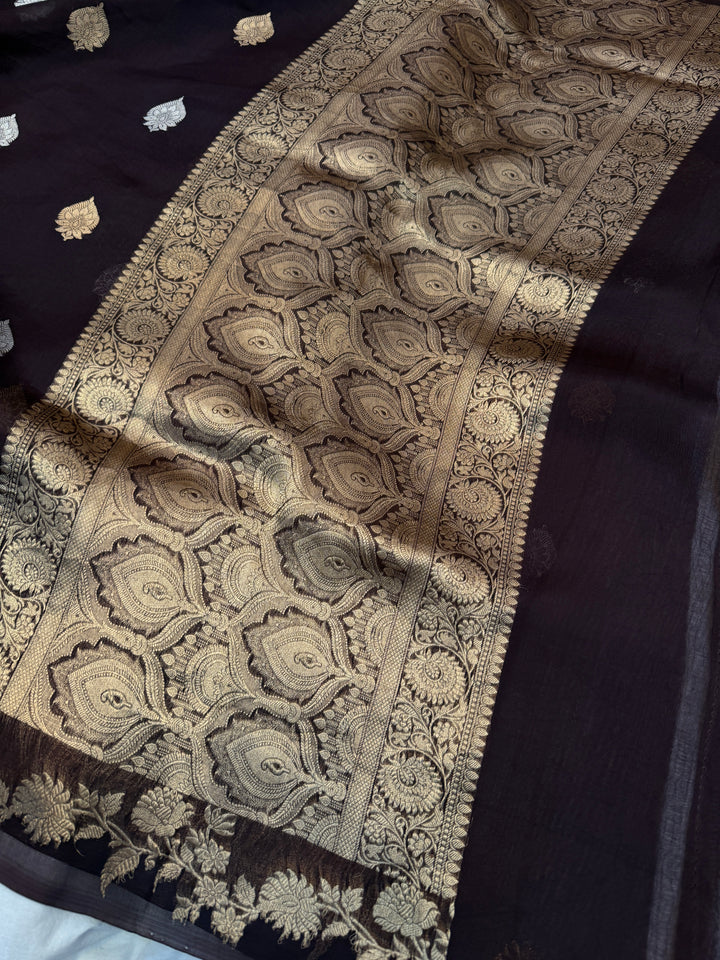Brown Pure Kora Silk Handloom Banarasi Saree